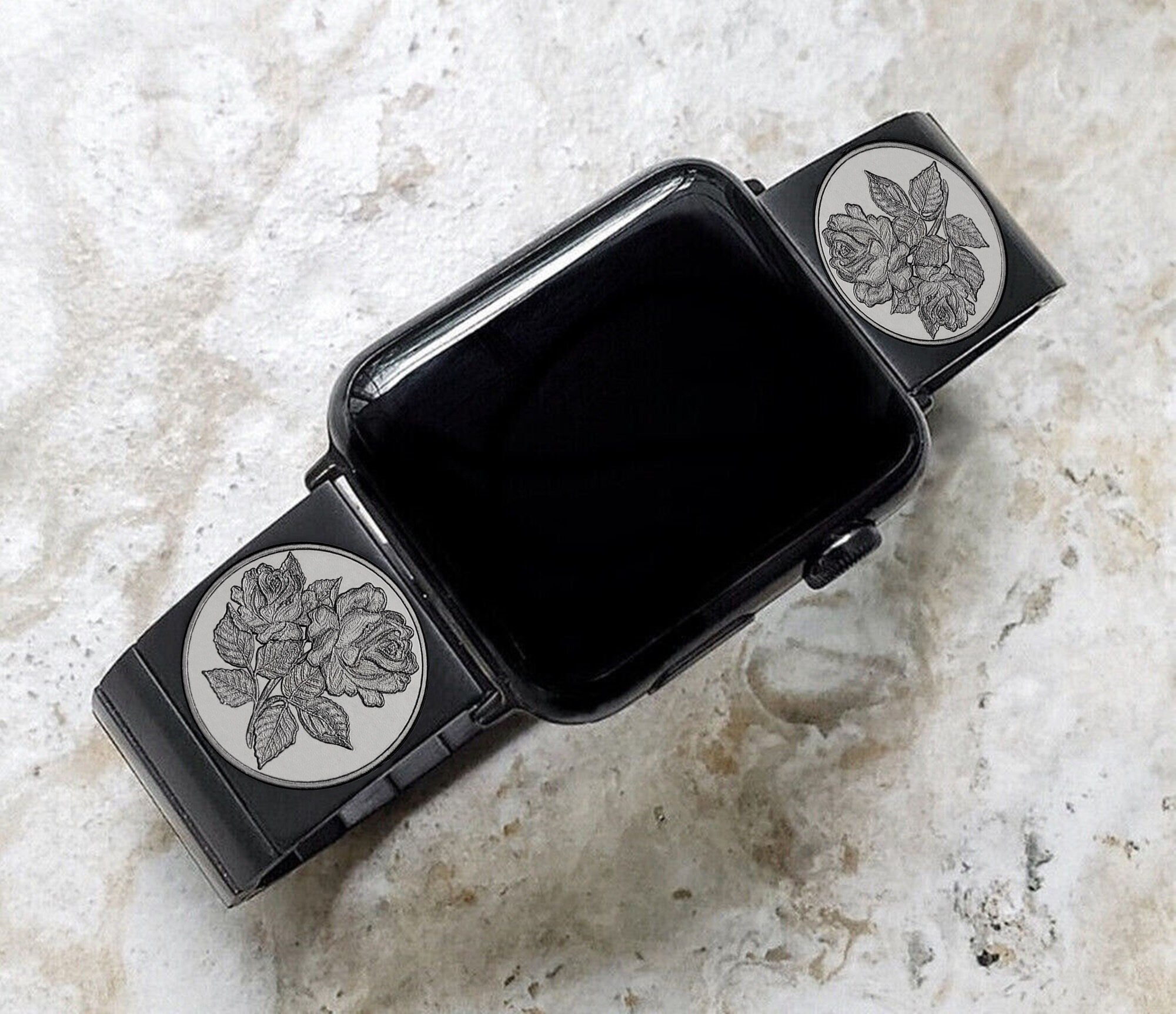 Roses Floral Engraved Band for Apple iWatch Ultra 2 9 8 7 SE 6 5 4 3 2 Case 38mm 40 41 42mm 44mm 45mm 49mm Black Stainless Steel Strap RS1